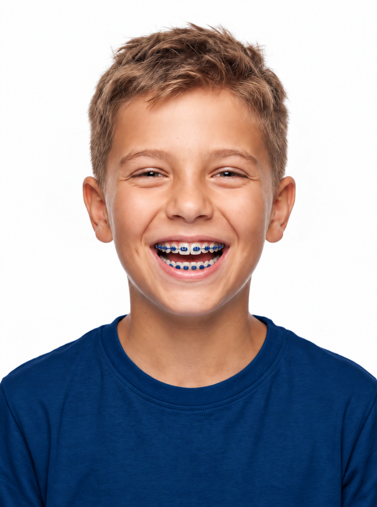 Paciente jovem sorrindo com aparelho ortodôntico na Top Class Odontologia