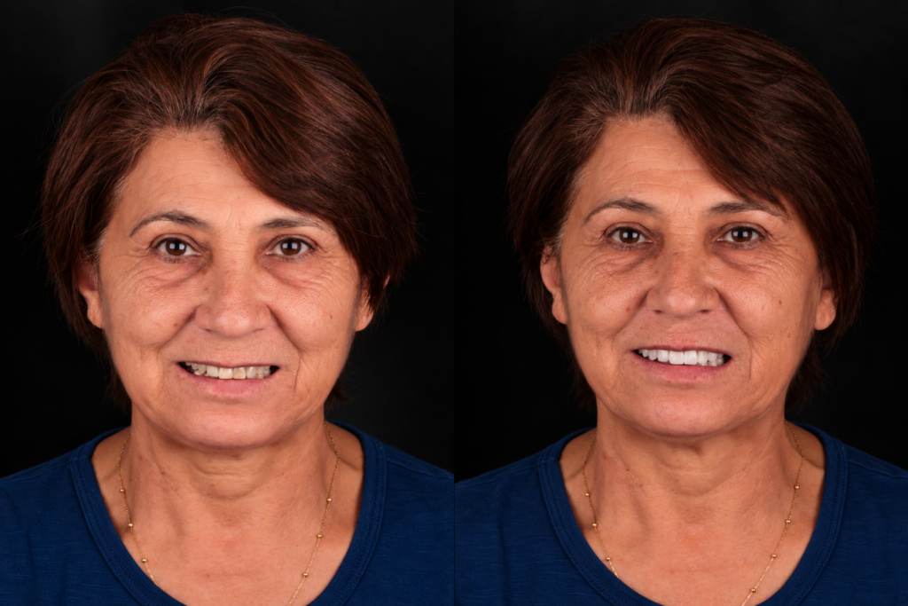 Caso real de prótese protocolo na Top Class, antes e depois da mesma paciente